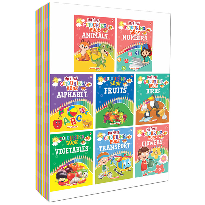 Colouring Books for Kids (Set of 8 Books) - Numbers, Fruits, Birds, Vegetables, Animals, Transport, Alphabet, Flowers