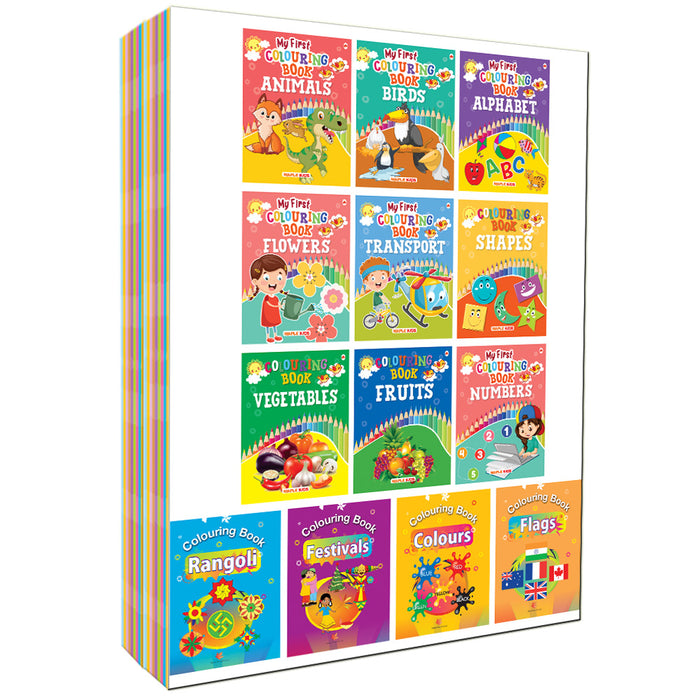 Colouring Books for Kids (Set of 13 Books) - Vegetables, Fruits, Alphabet, Numbers, Birds, Flowers, Transport, Animal…Festivals, Colours, Shapes