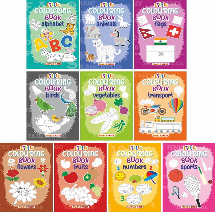 Little Colouring Books (Set of 10 Books) - Vegetables, Transport, Flowers, Fruits, Birds, Alphabet, Animals, Numbers, Sports, Flags