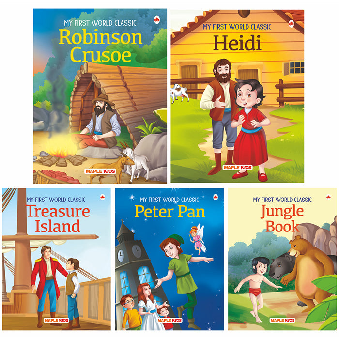World Classics (Abridged) - Peter Pan, Treasure Island, Heidi, Jungle Book, Robinson Crusoe  - (Illustrated) (Set of 5 Books)