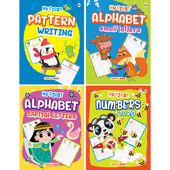 Writing Books for Kids (Set of 4 Books) - Pattern Writing, Numbers 1-20, Alphabet Capital Letters, Small Letters